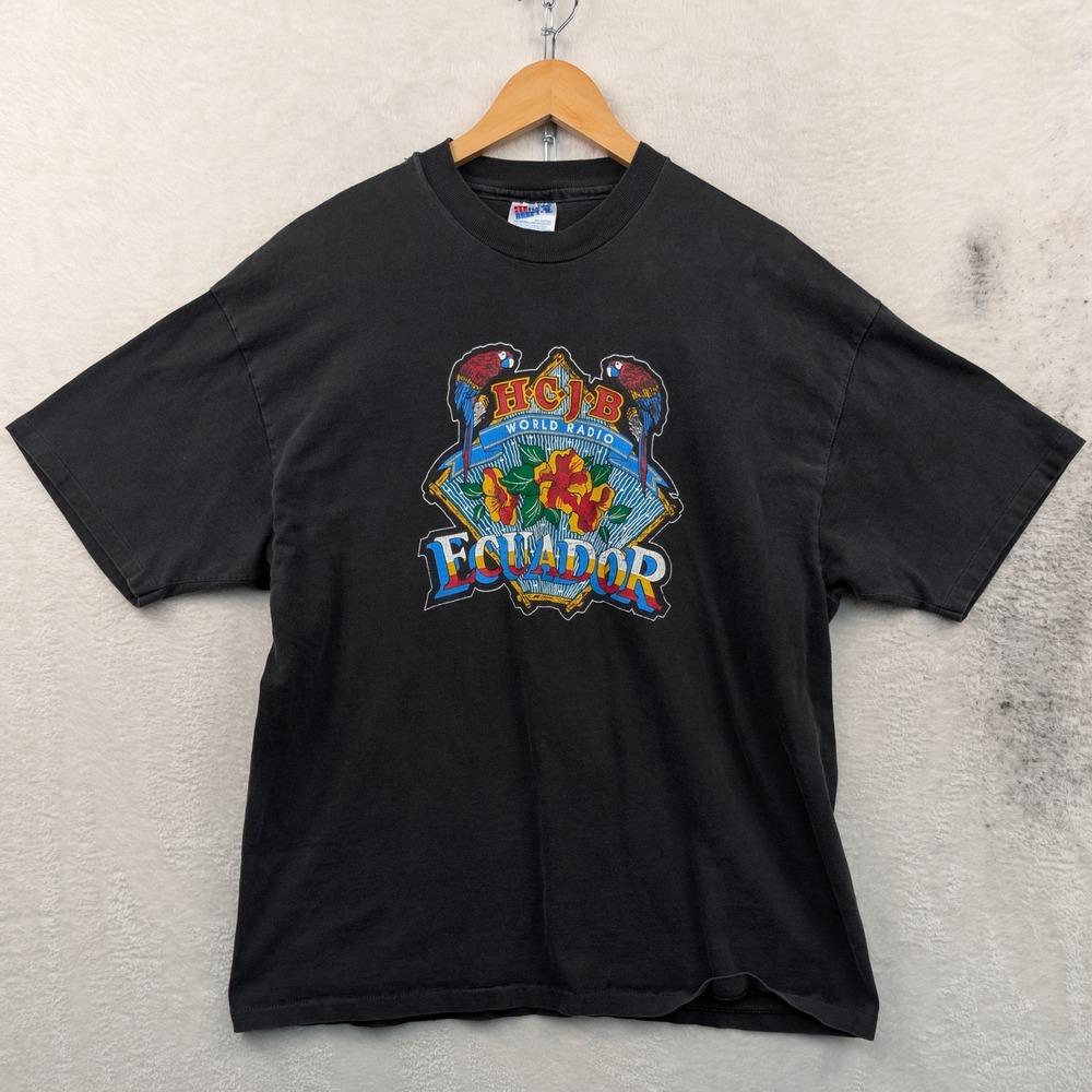 VTG Hanes T-Shirt Men's XL Black HCJB World Radio Ecuador Single Stitch 90s